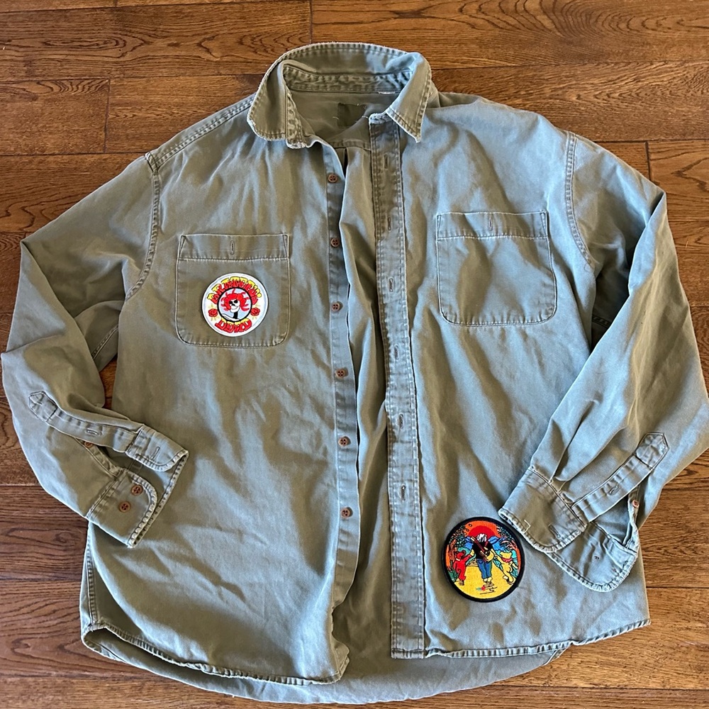 One of a kind Grateful Dead Green Button-Up Shirt with Patches large